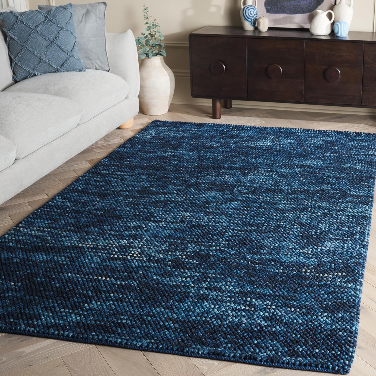 image:imageSAFAVIEH Natura Collection Area Rug 8 Square Beige amp Ivory Handmade Wool Blend Textured Design Ideal for Living Room Bedroom Dining Space NAT425BNavyBlue