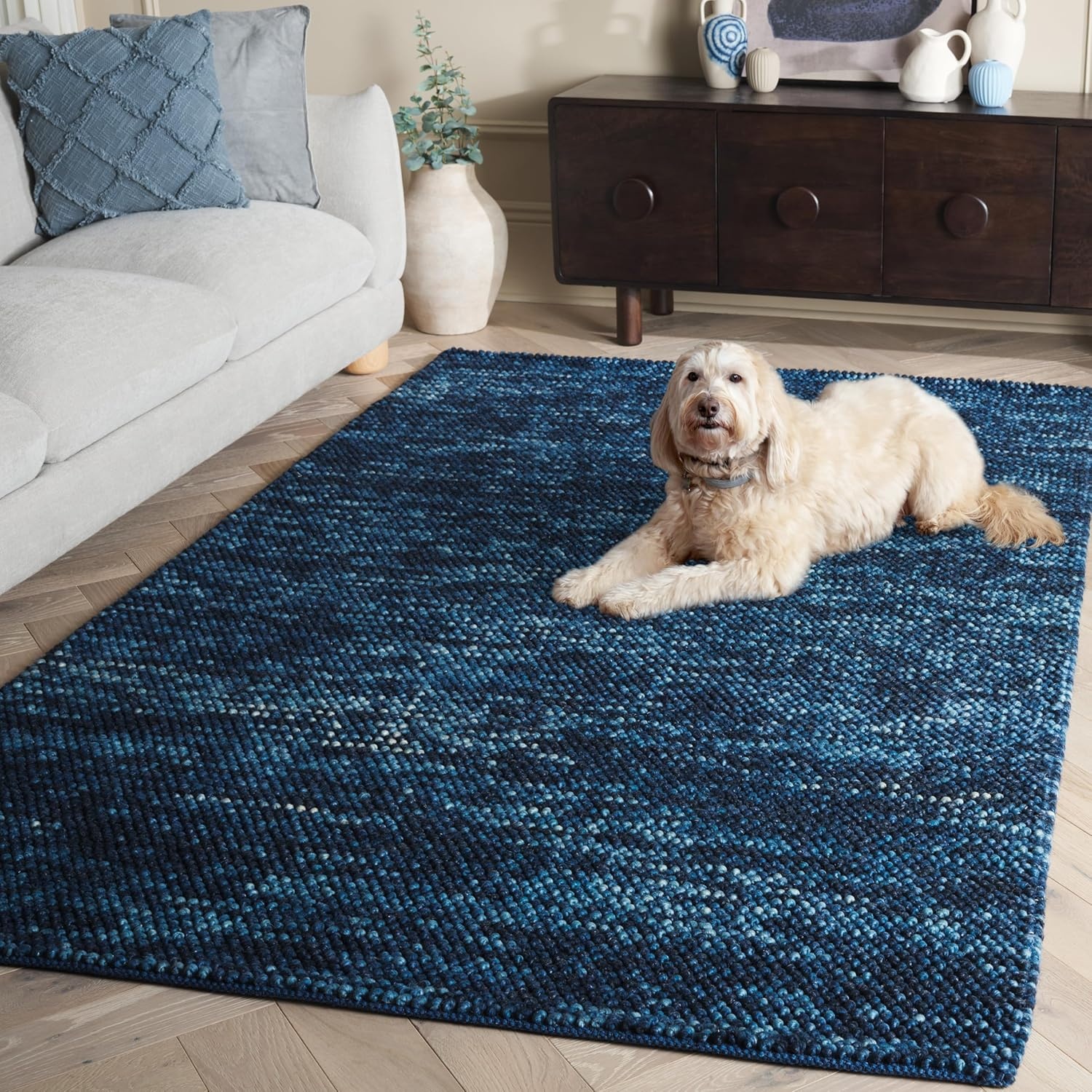 image:imageSAFAVIEH Natura Collection Area Rug 8 Square Beige amp Ivory Handmade Wool Blend Textured Design Ideal for Living Room Bedroom Dining Space NAT425BNavyBlue