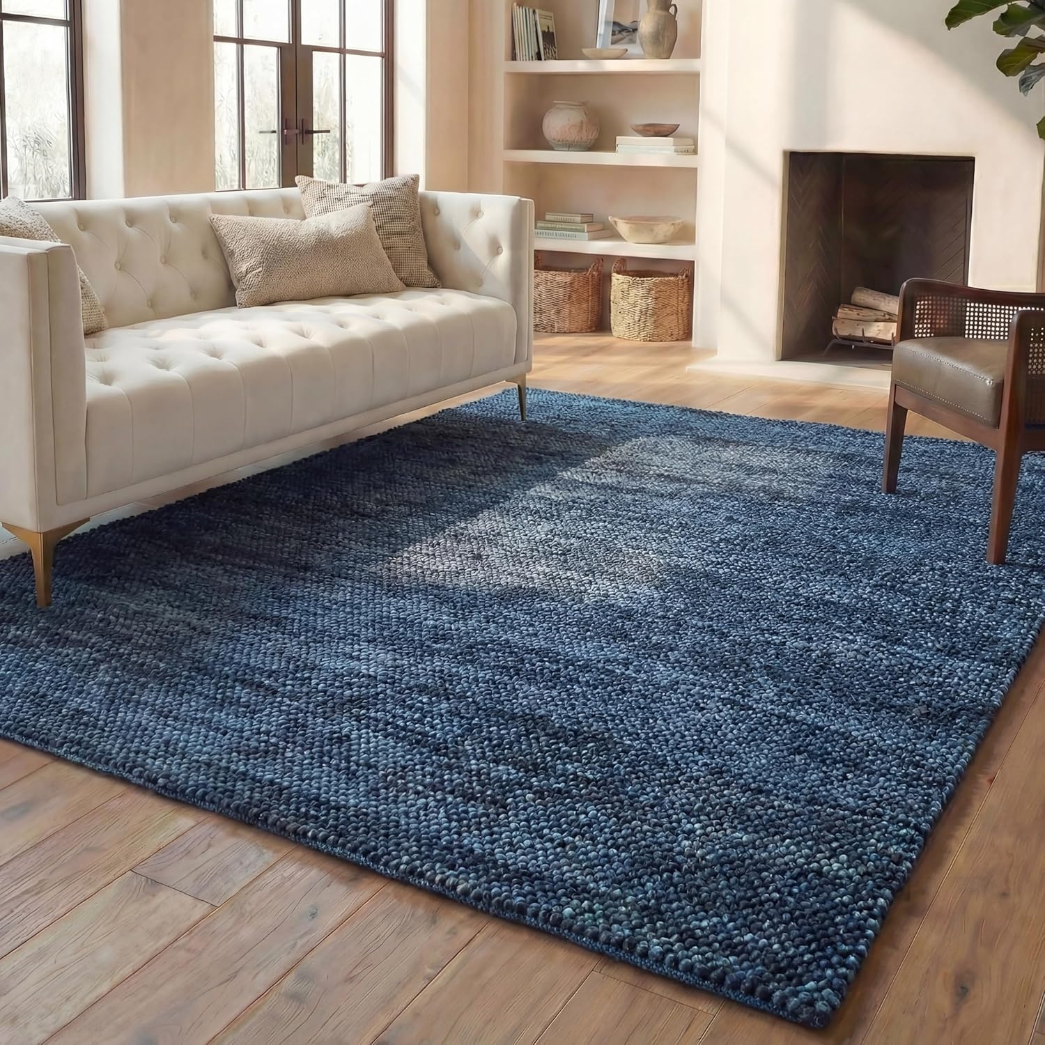 image:imageSAFAVIEH Natura Collection Area Rug 8 Square Beige amp Ivory Handmade Wool Blend Textured Design Ideal for Living Room Bedroom Dining Space NAT425BNavyBlue