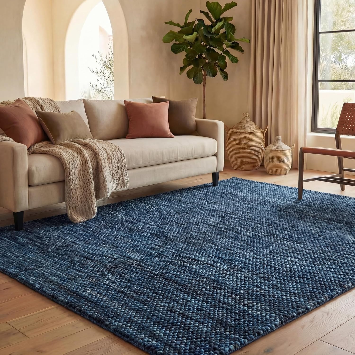 image:imageSAFAVIEH Natura Collection Area Rug 8 Square Beige amp Ivory Handmade Wool Blend Textured Design Ideal for Living Room Bedroom Dining Space NAT425BNavyBlue