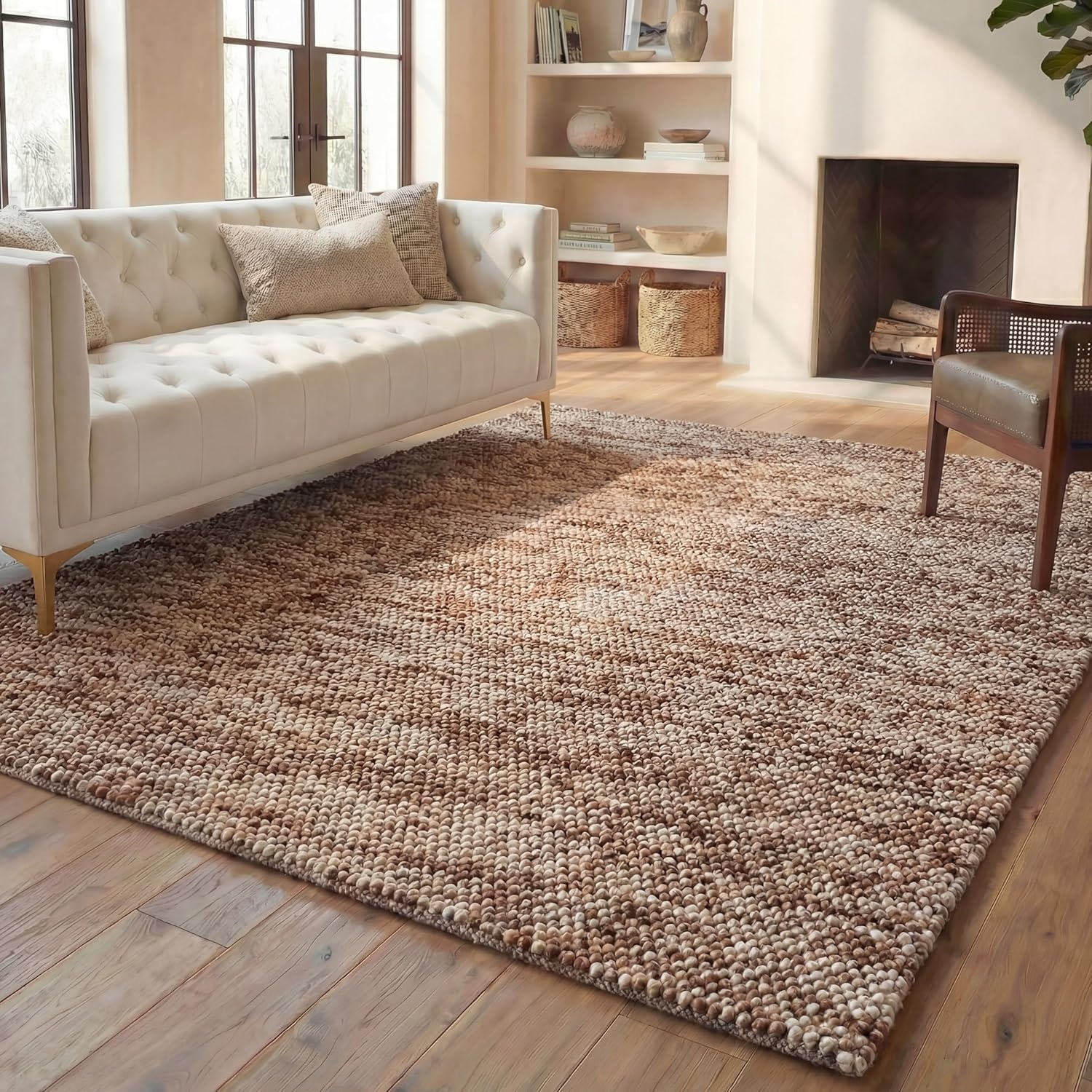 image:imageSAFAVIEH Natura Collection Area Rug 8 Square Beige amp Ivory Handmade Wool Blend Textured Design Ideal for Living Room Bedroom Dining Space NAT425BRustBrown