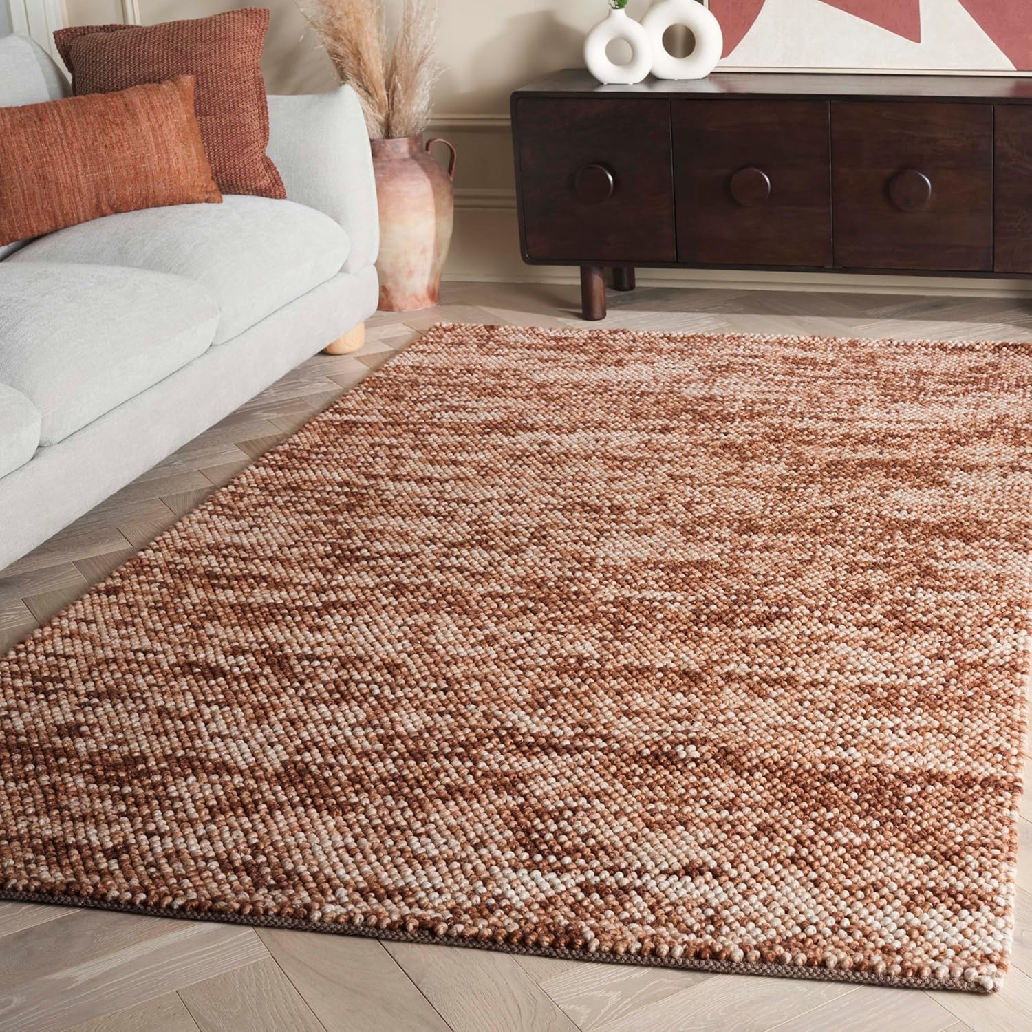 image:imageSAFAVIEH Natura Collection Area Rug 8 Square Beige amp Ivory Handmade Wool Blend Textured Design Ideal for Living Room Bedroom Dining Space NAT425BRustBrown