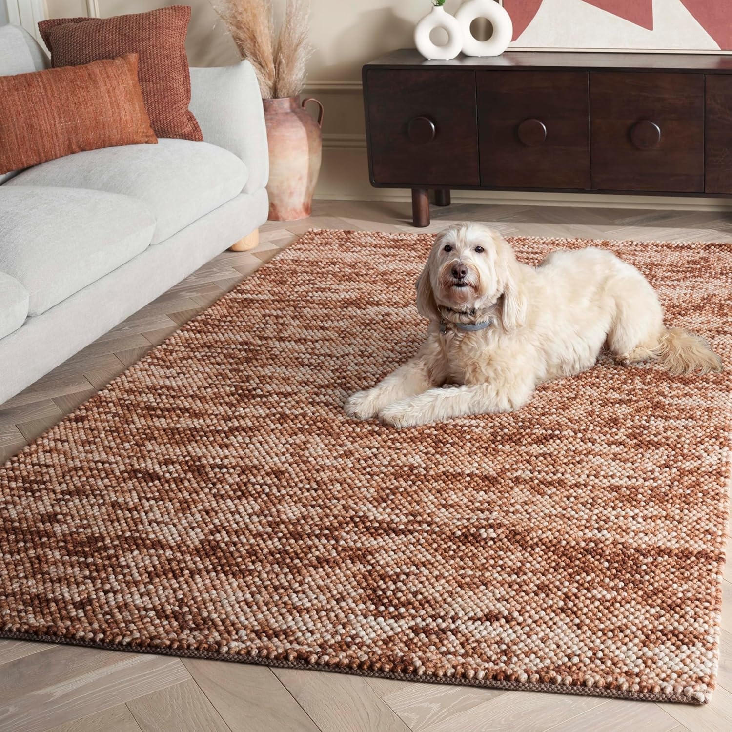 image:imageSAFAVIEH Natura Collection Area Rug 8 Square Beige amp Ivory Handmade Wool Blend Textured Design Ideal for Living Room Bedroom Dining Space NAT425BRustBrown