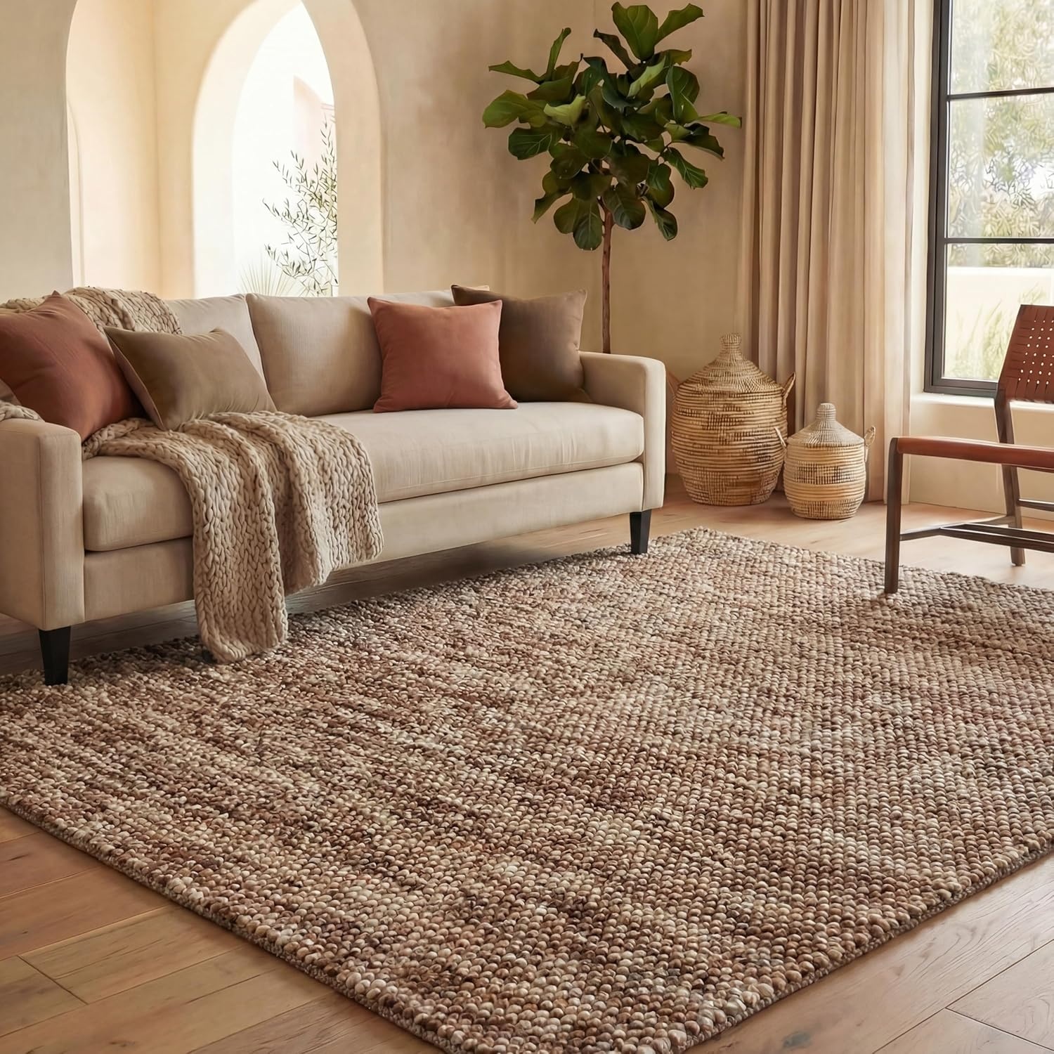 image:imageSAFAVIEH Natura Collection Area Rug 8 Square Beige amp Ivory Handmade Wool Blend Textured Design Ideal for Living Room Bedroom Dining Space NAT425BRustBrown