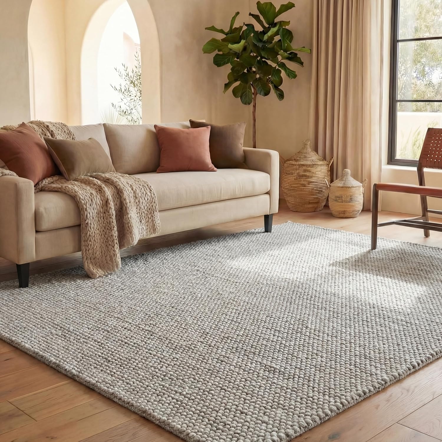 image:imageSAFAVIEH Natura Collection Area Rug 8 Square Beige amp Ivory Handmade Wool Blend Textured Design Ideal for Living Room Bedroom Dining Space NAT425BSilver