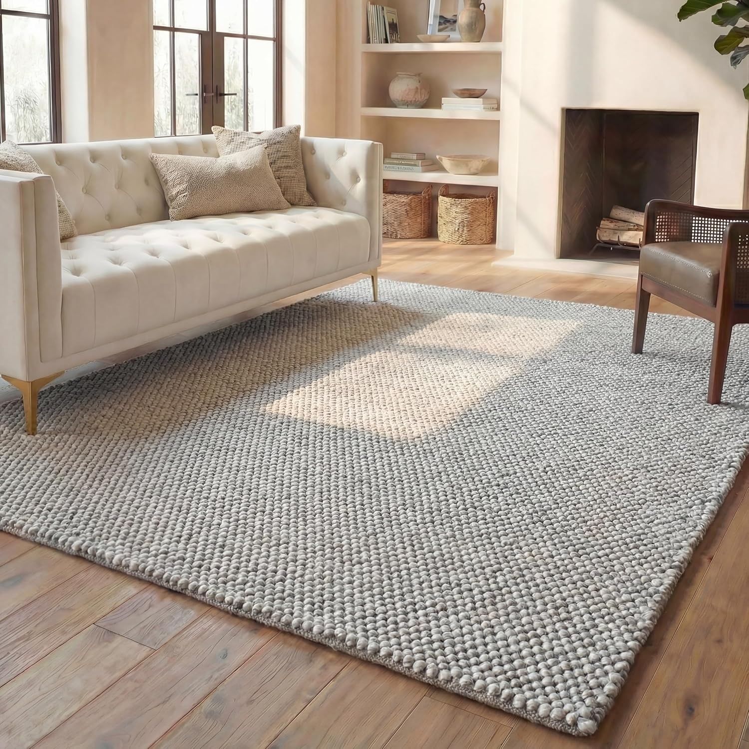 image:imageSAFAVIEH Natura Collection Area Rug 8 Square Beige amp Ivory Handmade Wool Blend Textured Design Ideal for Living Room Bedroom Dining Space NAT425BSilver