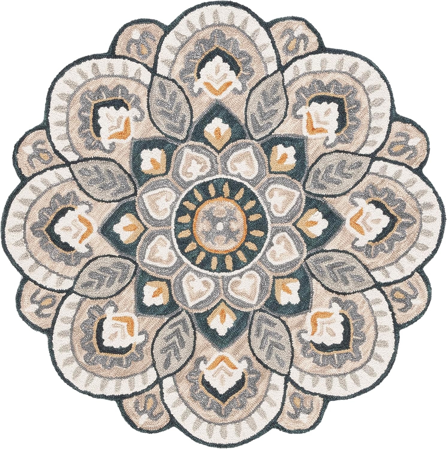 image:imageSAFAVIEH Novelty Collection 3 Round IvoryBlue NOV604M Handmade Boho Floral Premium Wool Entryway Foyer Living Room Bedroom Kitchen Area RugBeigeNavy