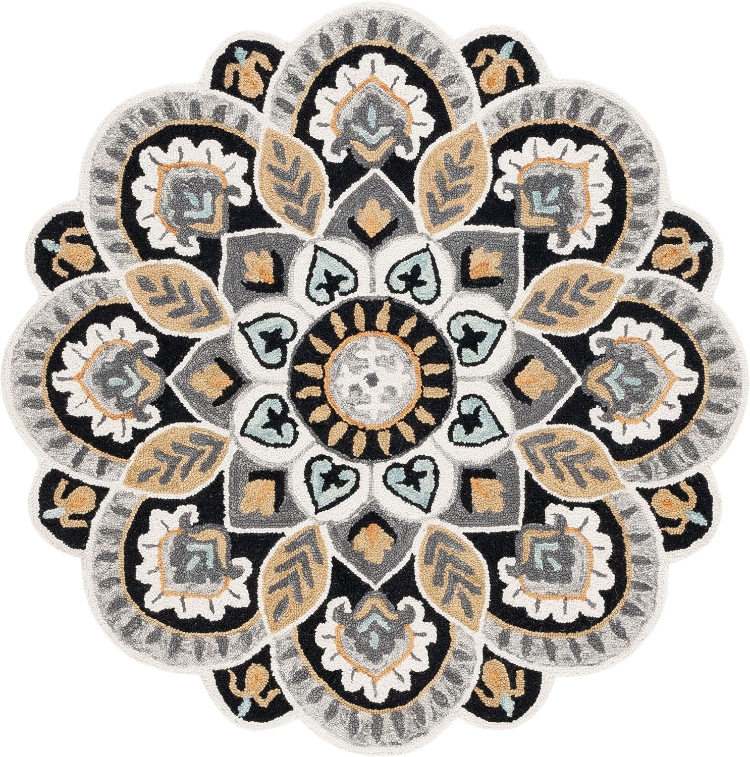 image:imageSAFAVIEH Novelty Collection 3 Round IvoryBlue NOV604M Handmade Boho Floral Premium Wool Entryway Foyer Living Room Bedroom Kitchen Area RugIvoryBlack
