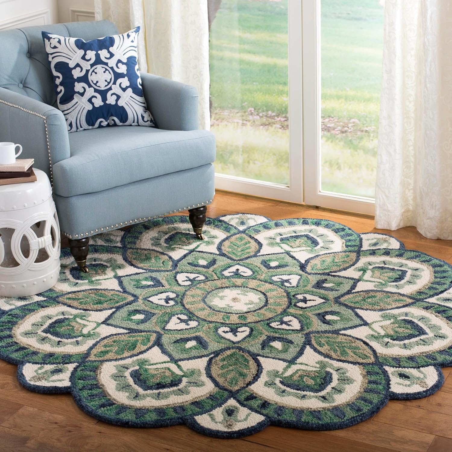 image:imageSAFAVIEH Novelty Collection 3 Round IvoryBlue NOV604M Handmade Boho Floral Premium Wool Entryway Foyer Living Room Bedroom Kitchen Area RugIvoryBlue