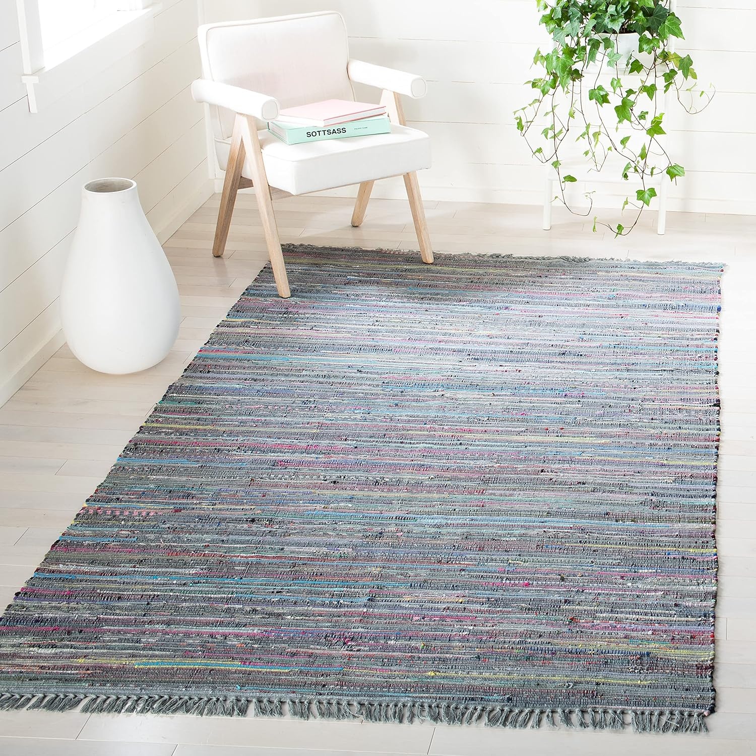 image:imageSAFAVIEH Rag Rug Collection Area Rug 8 x 10 Ivory amp Multi Handmade Boho Stripe Cotton Ideal for High Traffic Areas in Living Room Bedroom RAR121GAquaMulti