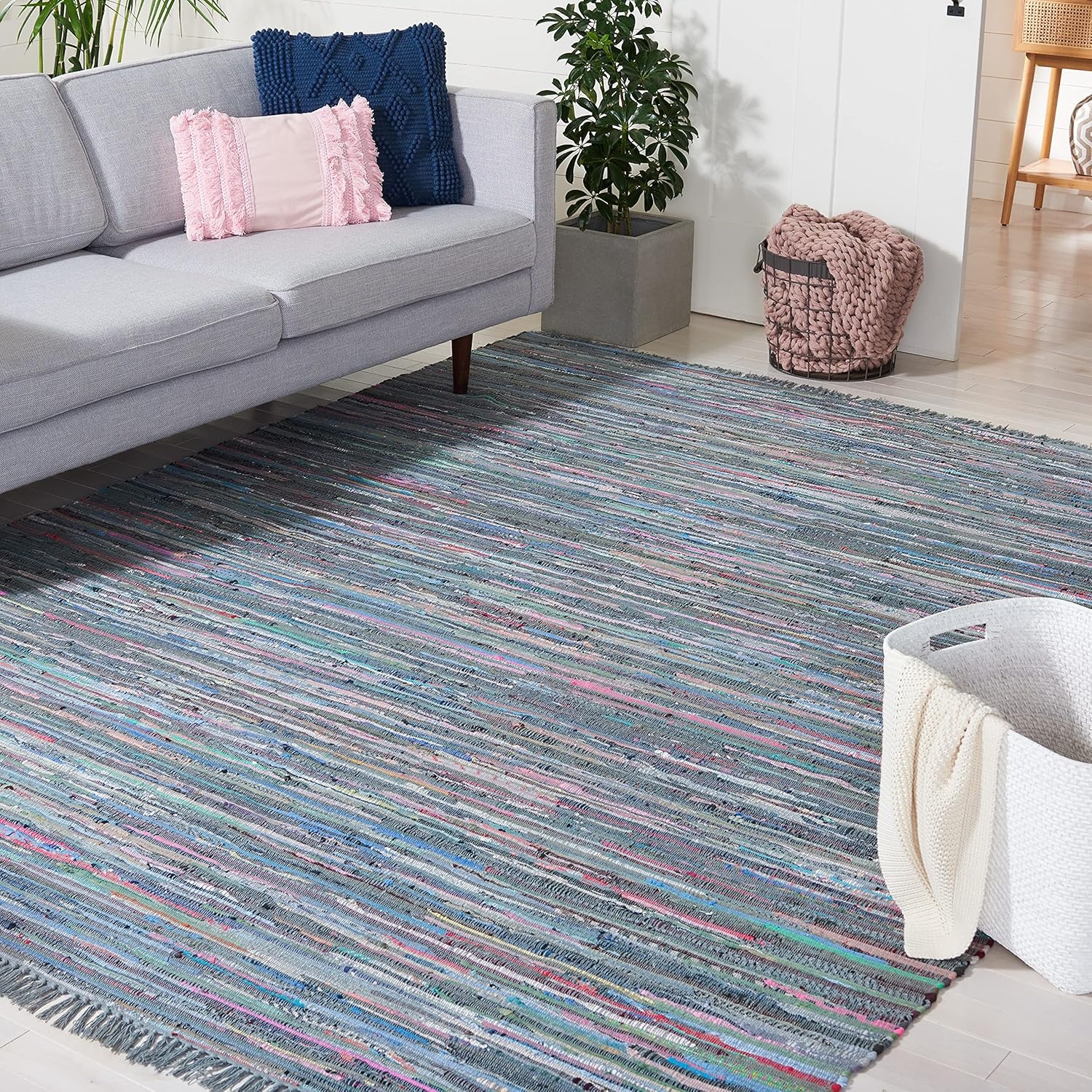 image:imageSAFAVIEH Rag Rug Collection Area Rug 8 x 10 Ivory amp Multi Handmade Boho Stripe Cotton Ideal for High Traffic Areas in Living Room Bedroom RAR121GAquaMulti