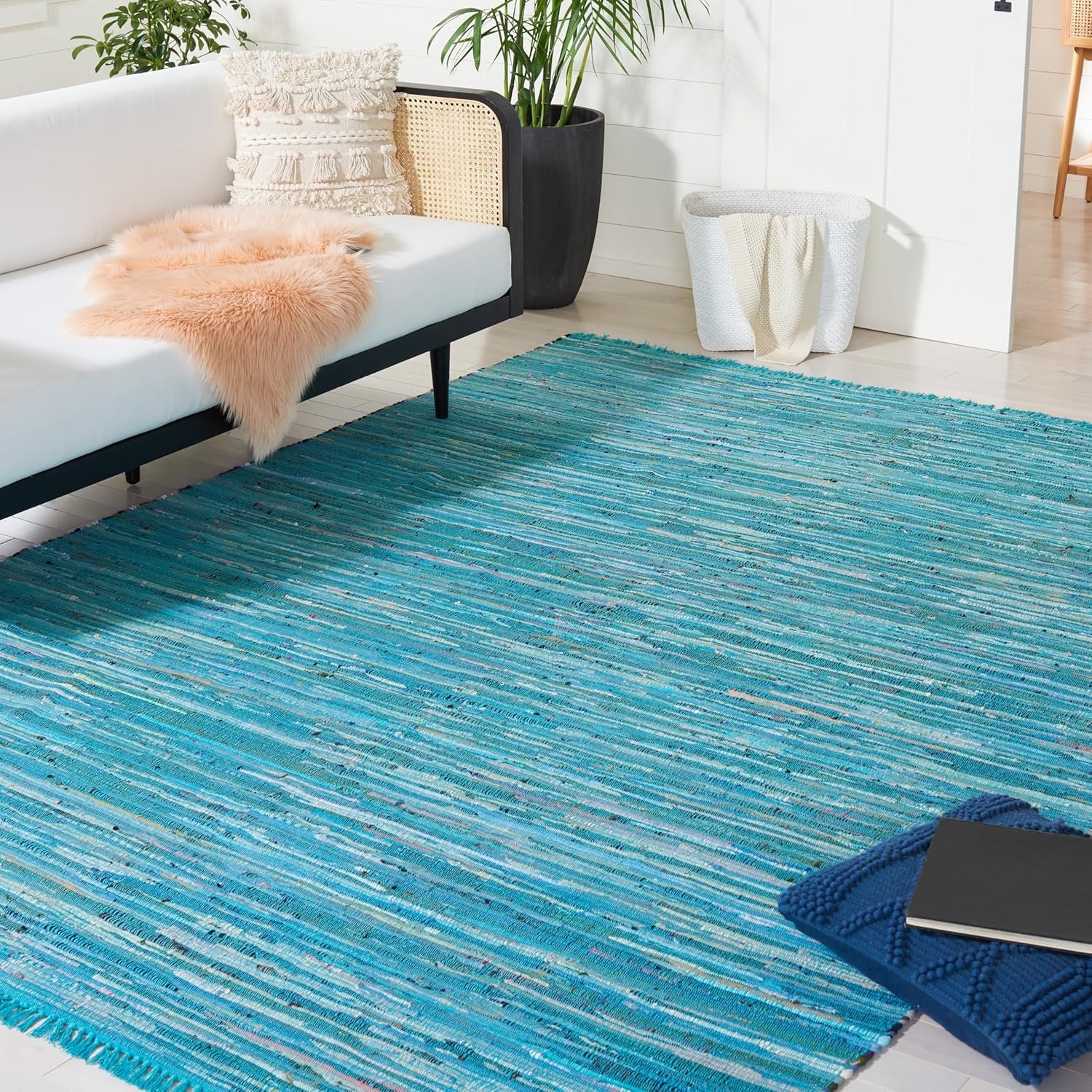 image:imageSAFAVIEH Rag Rug Collection Area Rug 8 x 10 Ivory amp Multi Handmade Boho Stripe Cotton Ideal for High Traffic Areas in Living Room Bedroom RAR121GBlueMulti