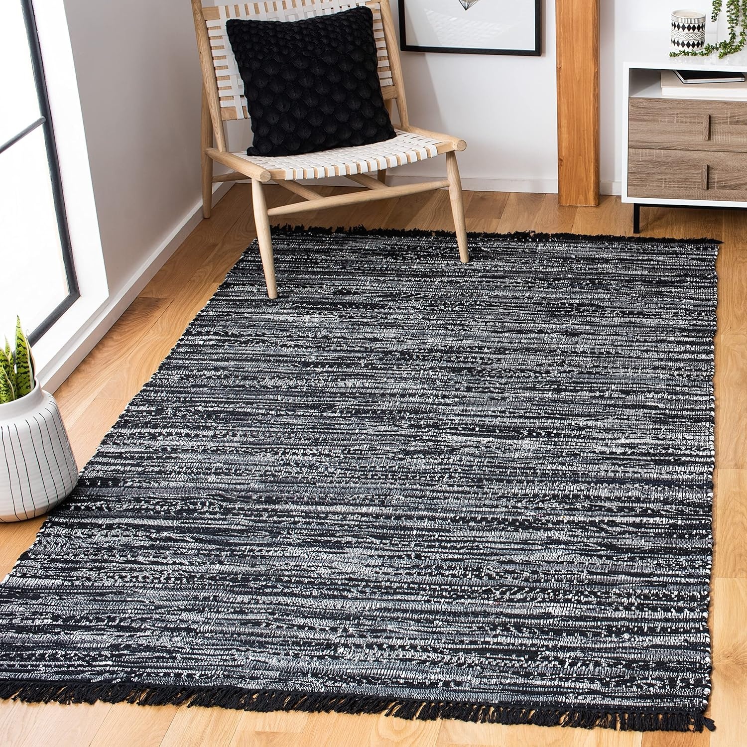 image:imageSAFAVIEH Rag Rug Collection Area Rug 8 x 10 Ivory amp Multi Handmade Boho Stripe Cotton Ideal for High Traffic Areas in Living Room Bedroom RAR121GBlack