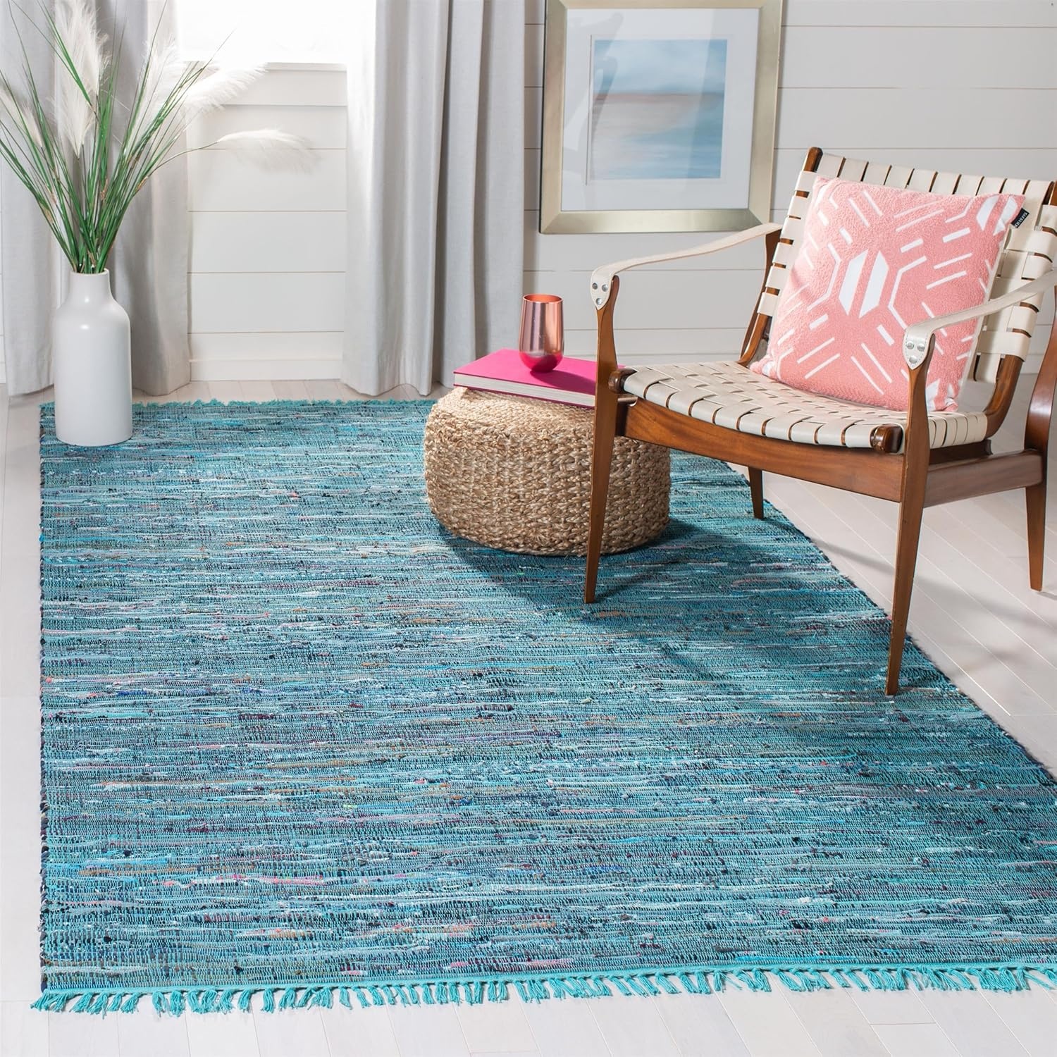 image:imageSAFAVIEH Rag Rug Collection Area Rug 8 x 10 Ivory amp Multi Handmade Boho Stripe Cotton Ideal for High Traffic Areas in Living Room Bedroom RAR121GBlueMulti