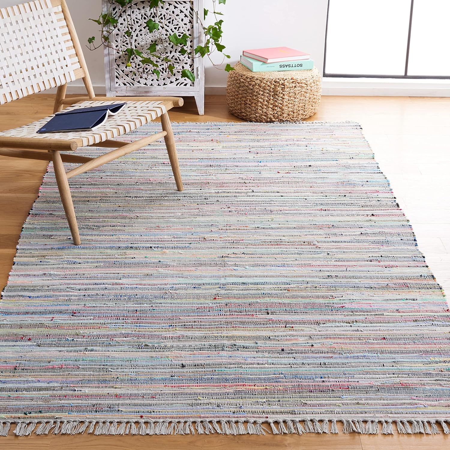 image:imageSAFAVIEH Rag Rug Collection Area Rug 8 x 10 Ivory amp Multi Handmade Boho Stripe Cotton Ideal for High Traffic Areas in Living Room Bedroom RAR121GGreyMulti