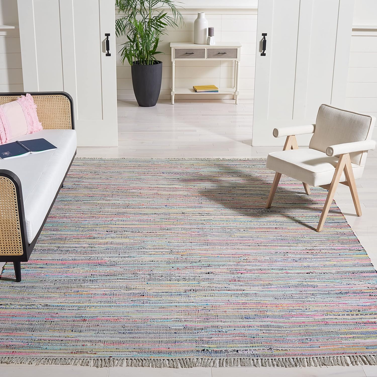 image:imageSAFAVIEH Rag Rug Collection Area Rug 8 x 10 Ivory amp Multi Handmade Boho Stripe Cotton Ideal for High Traffic Areas in Living Room Bedroom RAR121GGreyMulti