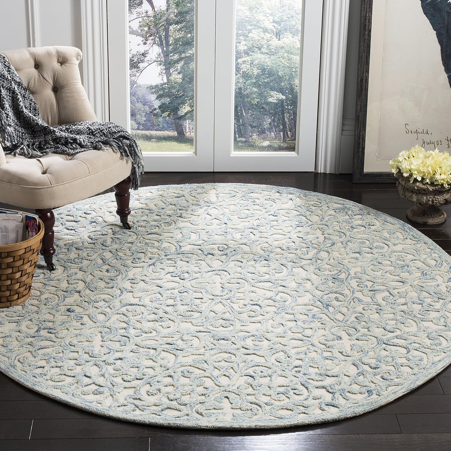 image:imageSAFAVIEH Trace Collection 8 Round BrownIvory TRC103T Handmade Premium Wool Entryway Foyer Living Room Bedroom Kitchen Area RugBlueIvory