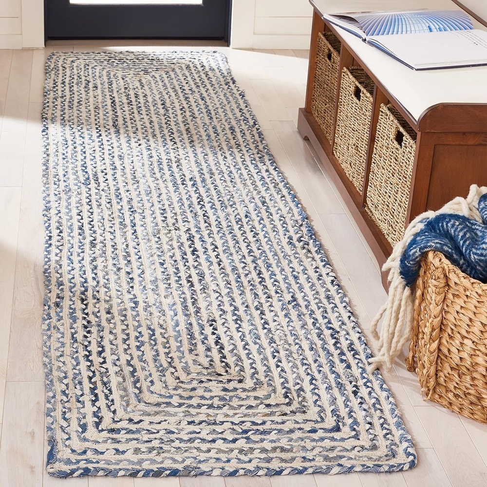 image:imageSAFAVIEH Area Rug 8x10  Braided Collection  Large  Blue amp Ivory Handmade Cotton Ideal for Living Room Bedroom Office Dining Space BRD260MBlueIvory