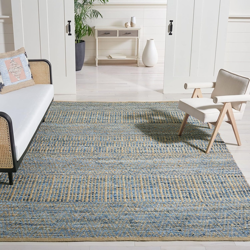 image:imageSAFAVIEH Area Rug 8x10 Cape Cod Collection Large Natural amp Blue Handmade Flat Weave Braided Jute Ideal for Living Room Bedroom Office Dining Space CAP353A