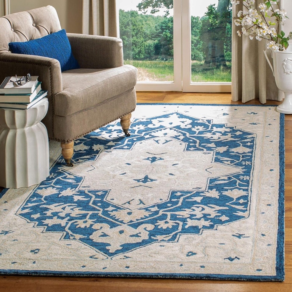 image:imageSAFAVIEH Area Rug 8x10 MicroLoop Collection Large Light Grey amp Ivory Handmade Wool Medallion Design Ideal for Living Room Bedroom Office Dining Space MLP505FNavyIvory