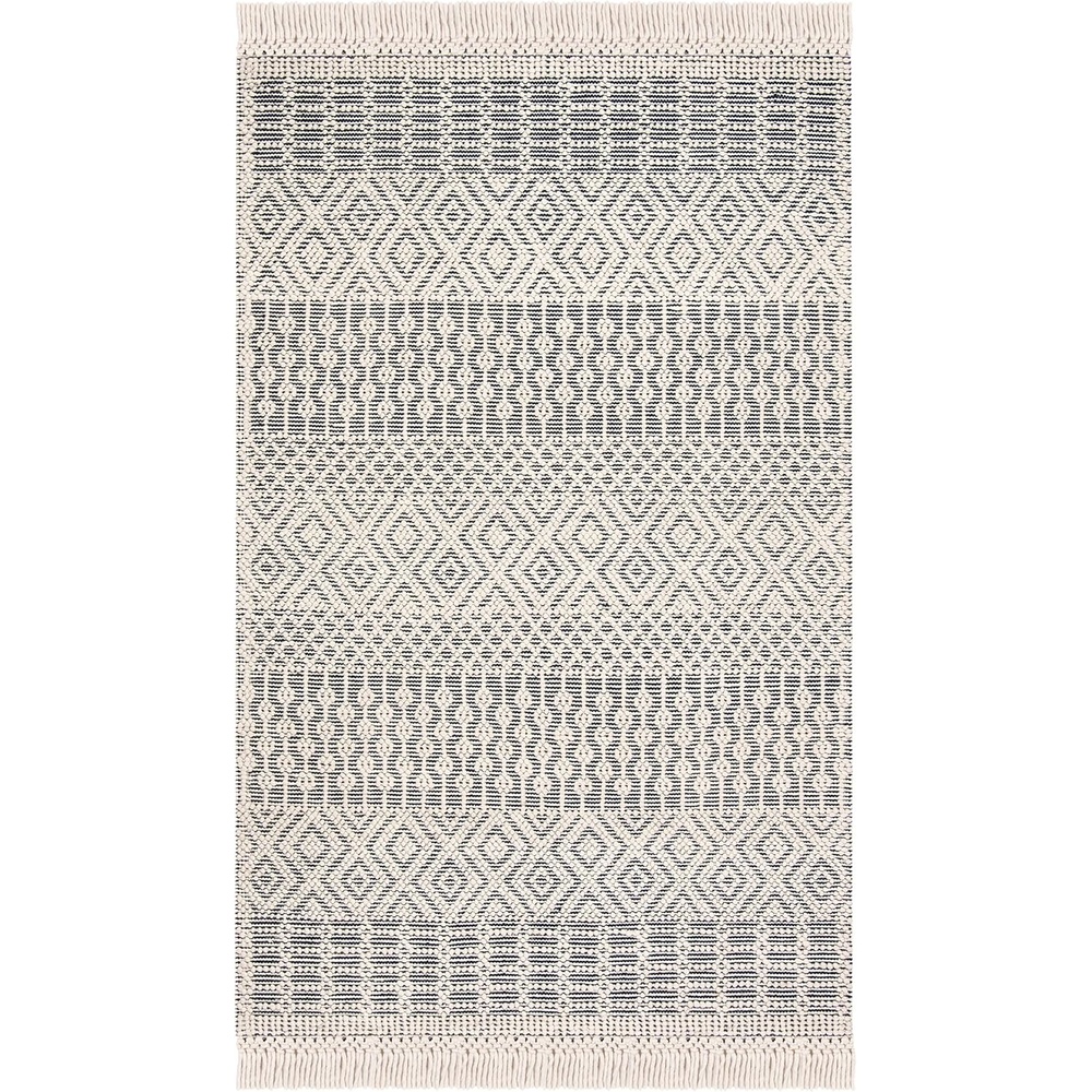 image:imageSAFAVIEH Area Rug 8x10 Natura Collection Large Ivory Handmade Wool Moroccan Boho Fringe Design Ideal for Living Room Bedroom Dining Space NAT852BIvoryNavy