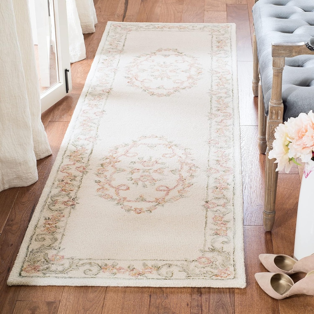 image:imageSAFAVIEH Aubusson Collection Area Rug 6 Square Ivory amp Pink Handmade Traditional Wool Ideal for High Traffic Areas in Living Room Bedroom AUB102AIvoryPink