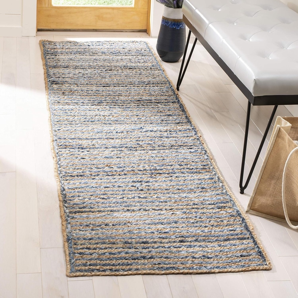 image:imageSAFAVIEH Cape Cod Collection Area Rug 8 x 10 Oval Natural amp Blue Handmade Flat Weave Jute Ideal for High Traffic Areas in Living Room Bedroom CAP250ANaturalBlue