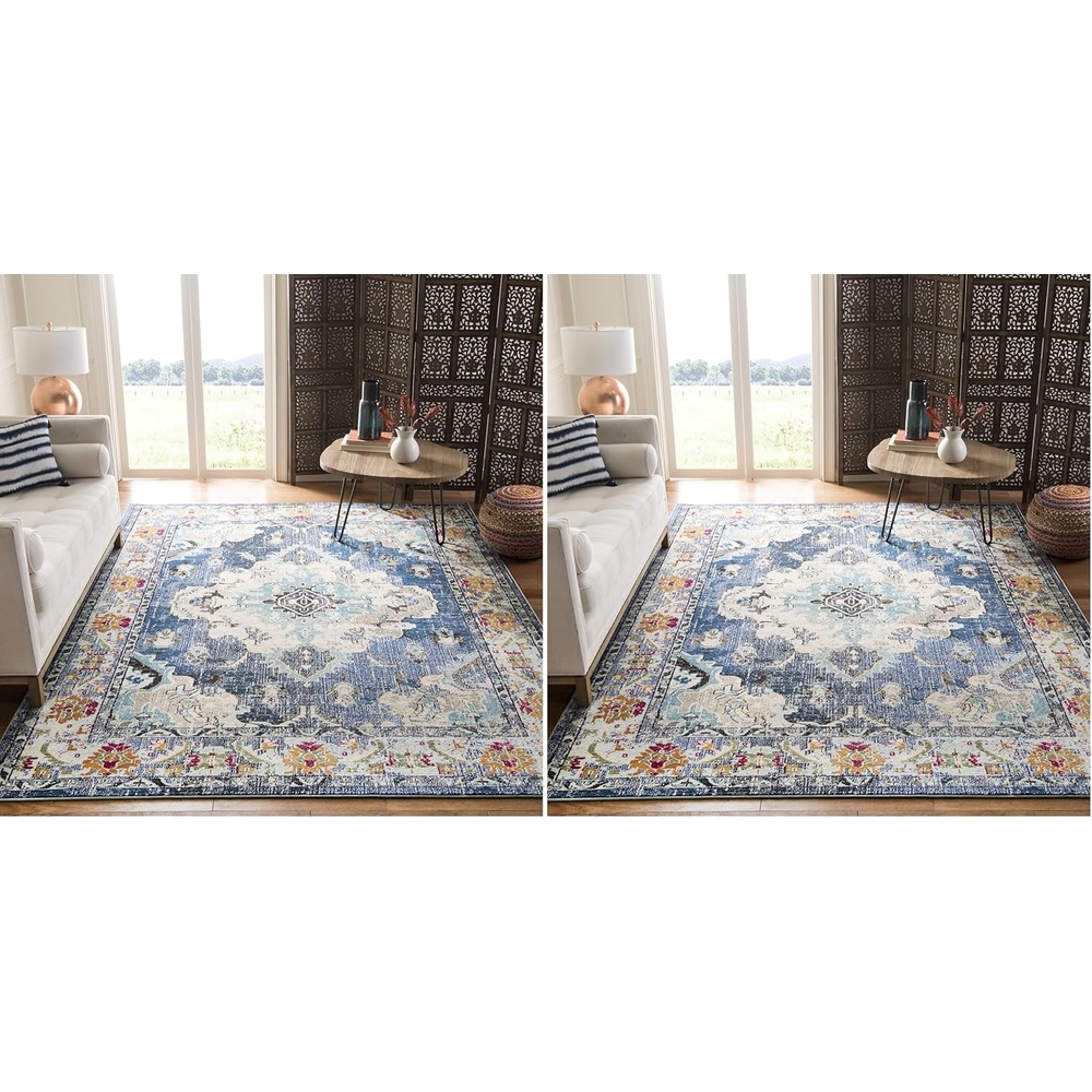 image:imageSAFAVIEH Monaco Collection Area Rug 8 Round Forest Green amp Light Blue NonShedding amp Easy to Clean Distressed Medallion Design Ideal for Living Room Bedroom Dining Space MNC243F
