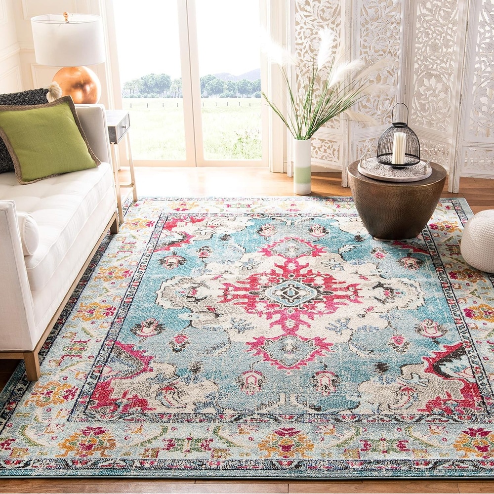 image:imageSAFAVIEH Monaco Collection Area Rug 8 Round Forest Green amp Light Blue NonShedding amp Easy to Clean Distressed Medallion Design Ideal for Living Room Bedroom Dining Space MNC243FLight BlueFuchsia