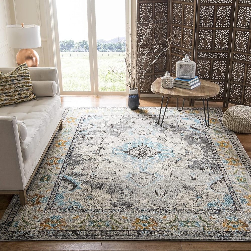 image:imageSAFAVIEH Monaco Collection Area Rug  8 Round Forest Green amp Light Blue NonShedding amp Easy to Clean Distressed Medallion Design Ideal for Living Room Bedroom Dining Space MNC243FGreyLight Blue