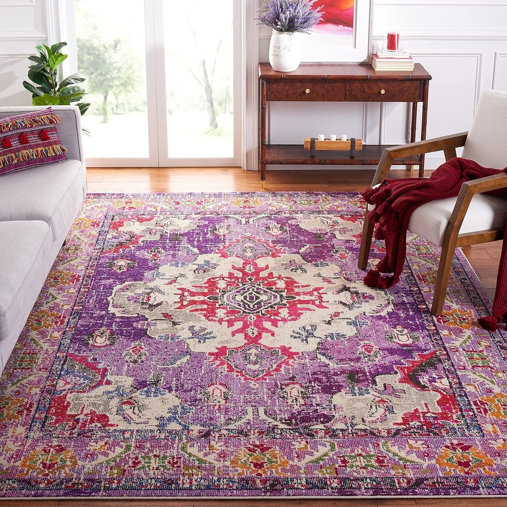 image:imageSAFAVIEH Monaco Collection Area Rug 8 Round Forest Green amp Light Blue NonShedding amp Easy to Clean Distressed Medallion Design Ideal for Living Room Bedroom Dining Space MNC243FVioletFuchsia