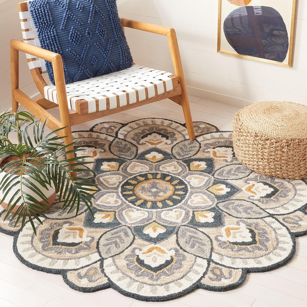 image:imageSAFAVIEH Novelty Collection 3 Round IvoryBlue NOV604M Handmade Boho Floral Premium Wool Entryway Foyer Living Room Bedroom Kitchen Area RugBeigeNavy