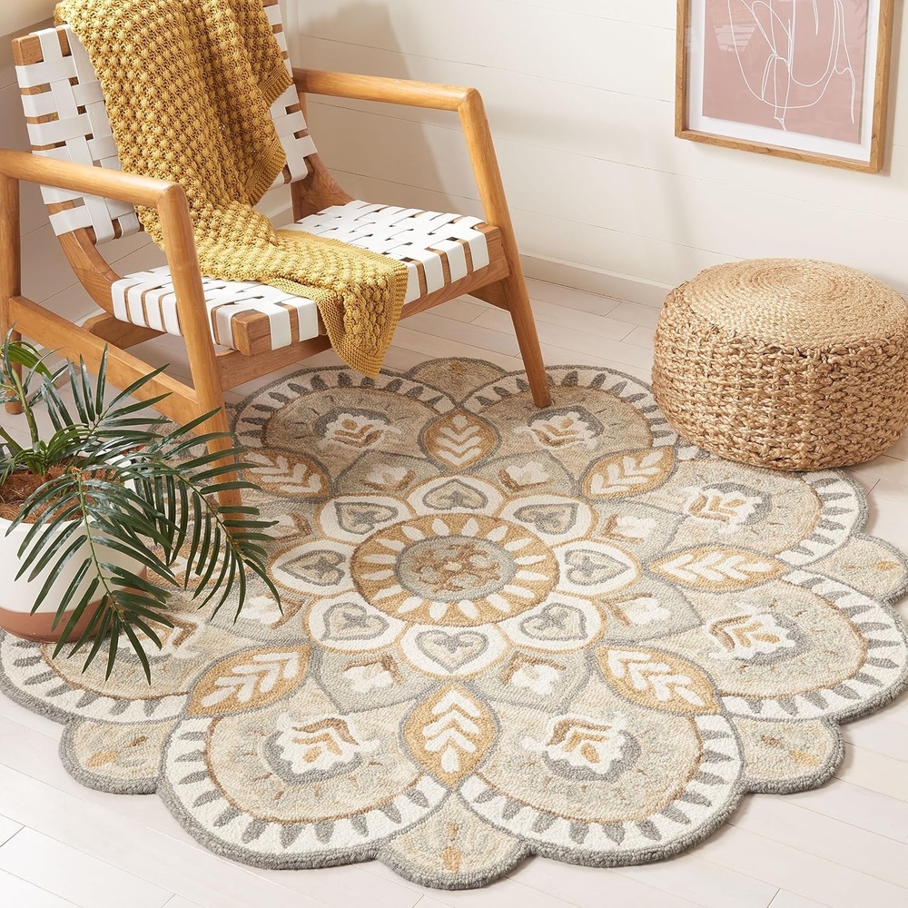 image:imageSAFAVIEH Novelty Collection 3 Round IvoryBlue NOV604M Handmade Boho Floral Premium Wool Entryway Foyer Living Room Bedroom Kitchen Area RugIvoryBeige