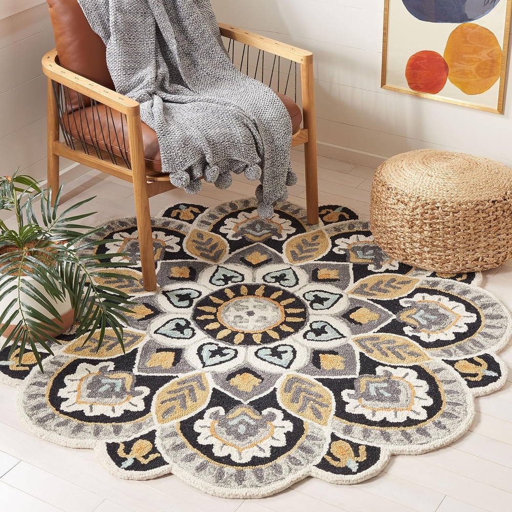 image:imageSAFAVIEH Novelty Collection 3 Round IvoryBlue NOV604M Handmade Boho Floral Premium Wool Entryway Foyer Living Room Bedroom Kitchen Area RugIvoryBlack