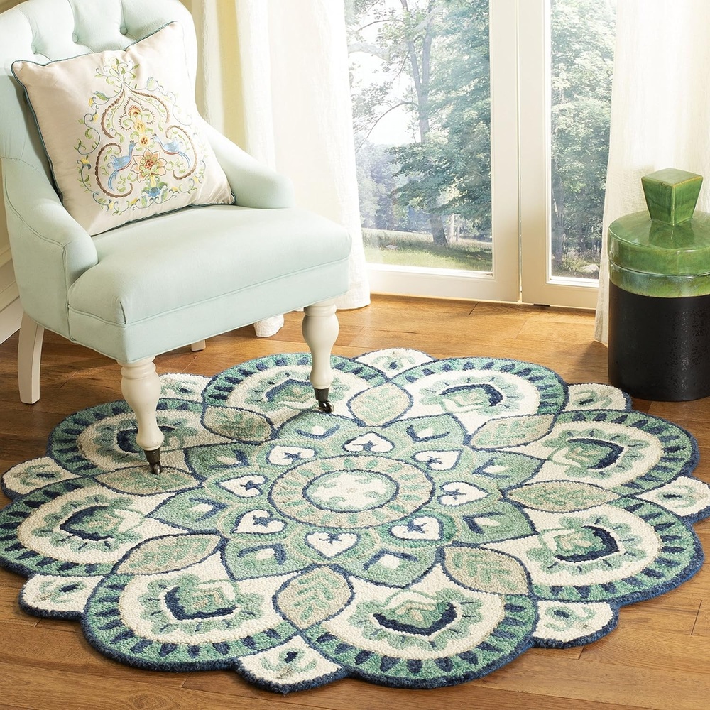 image:imageSAFAVIEH Novelty Collection 3 Round IvoryBlue NOV604M Handmade Boho Floral Premium Wool Entryway Foyer Living Room Bedroom Kitchen Area RugIvoryBlue