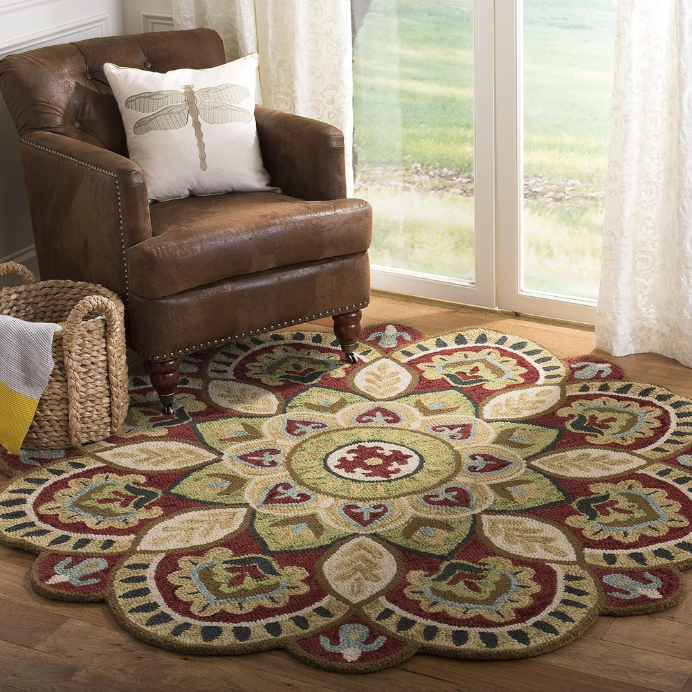 image:imageSAFAVIEH Novelty Collection 3 Round IvoryBlue NOV604M Handmade Boho Floral Premium Wool Entryway Foyer Living Room Bedroom Kitchen Area RugRedTaupe