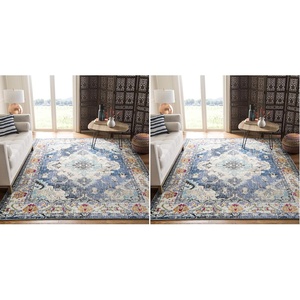 SAFAVIEH Monaco Collection Area Rug – 8′ Round, Forest Green & Light Blue, Non-Shedding & Easy to Clean, Distressed Medallion Design, Ideal for Living Room, Bedroom, Dining Space (MNC243F)(네이비/라이트 블루)