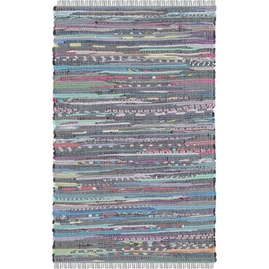 SAFAVIEH Rag Rug Collection Area Rug – 8′ x 10′, Ivory & Multi, Handmade Boho Stripe Cotton, Ideal for High Traffic Areas in Living Room, Bedroom (RAR121G)(Aqua/Multi)