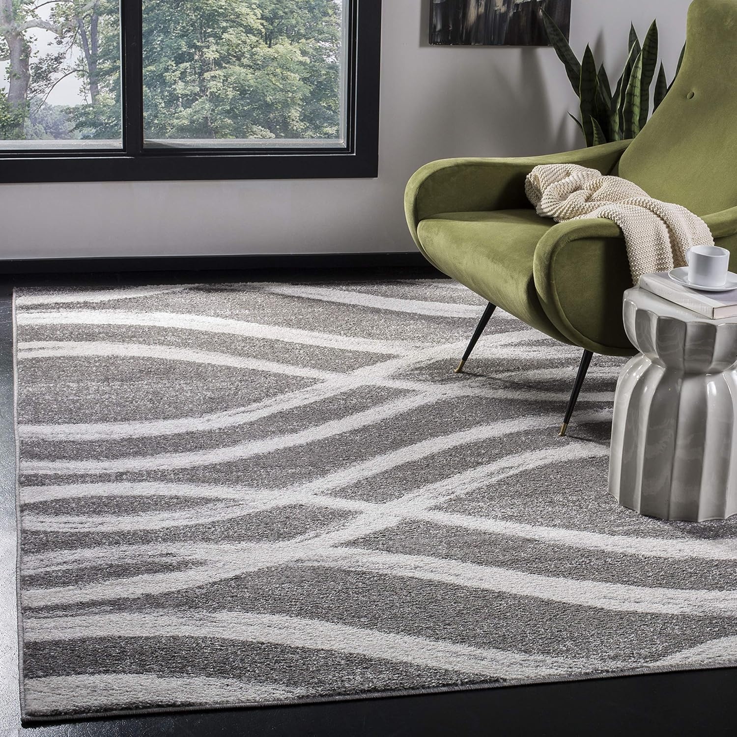 image:imageSAFAVIEH Area Rug 8x10 Adirondack Collection Large Sage amp Cream Modern Wave Design NonShedding amp Easy to Clean Ideal for Living Room Bedroom Dining Space ADR125XCharcoalIvory