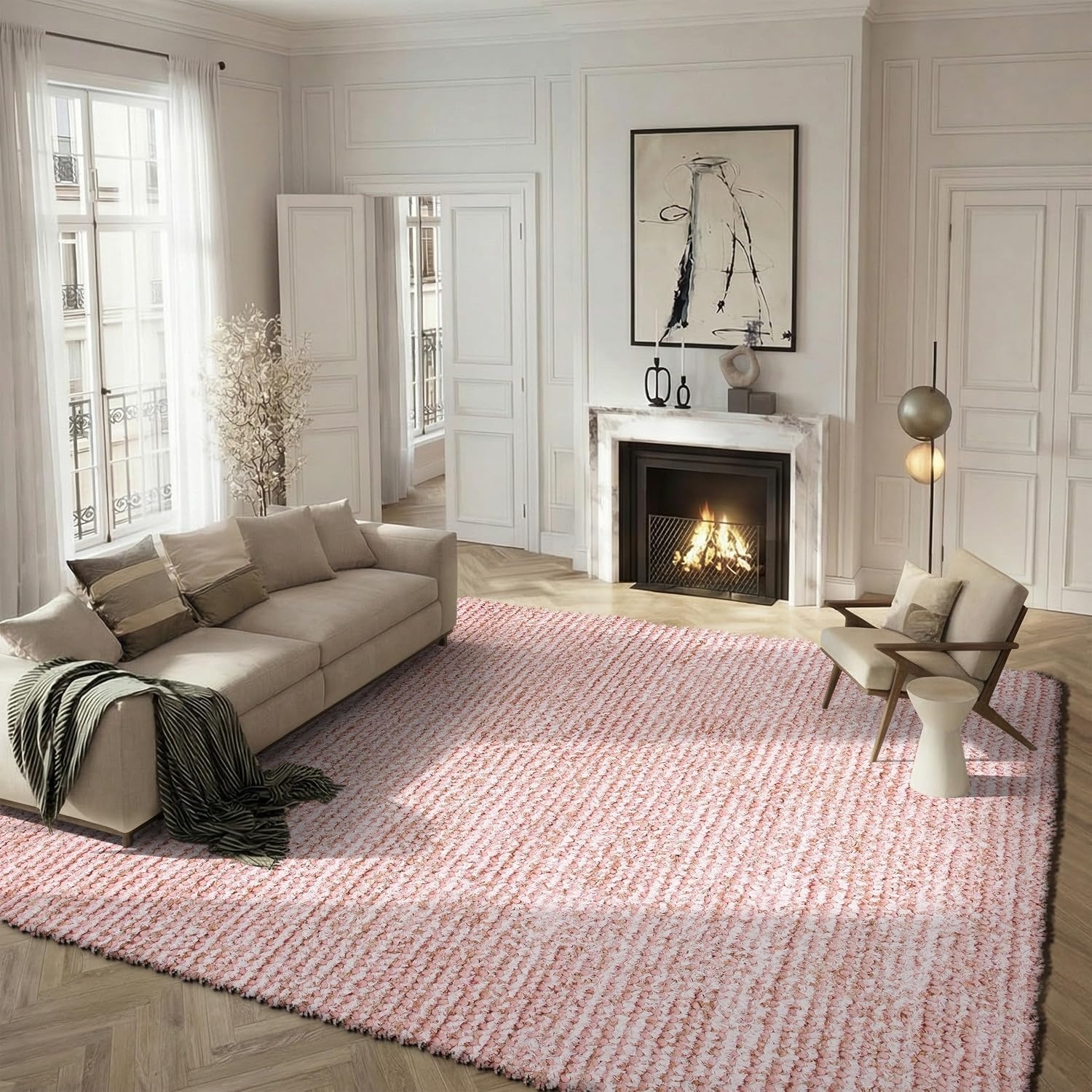 image:imageSAFAVIEH Area Rug 8x10 Aspen Shag Collection Large White amp Beige Handmade Wool 1inch Thick Ideal for Living Room Bedroom Office Dining Space SG640APink