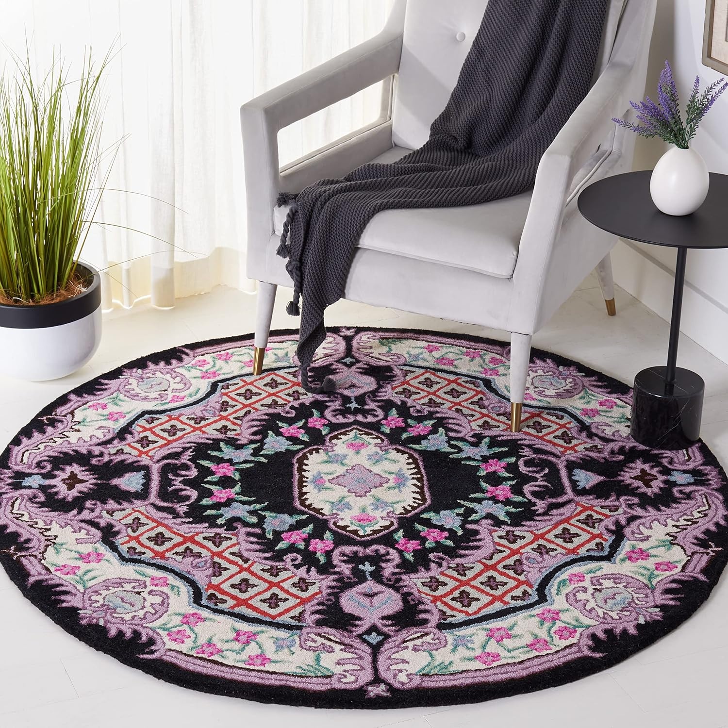 image:imageSAFAVIEH Area Rug 8x10 Bellagio Collection Large Blue amp Pink Handmade Wool Medallion Design Ideal for Living Room Bedroom Office Dining Space BLG535MBlackIvory