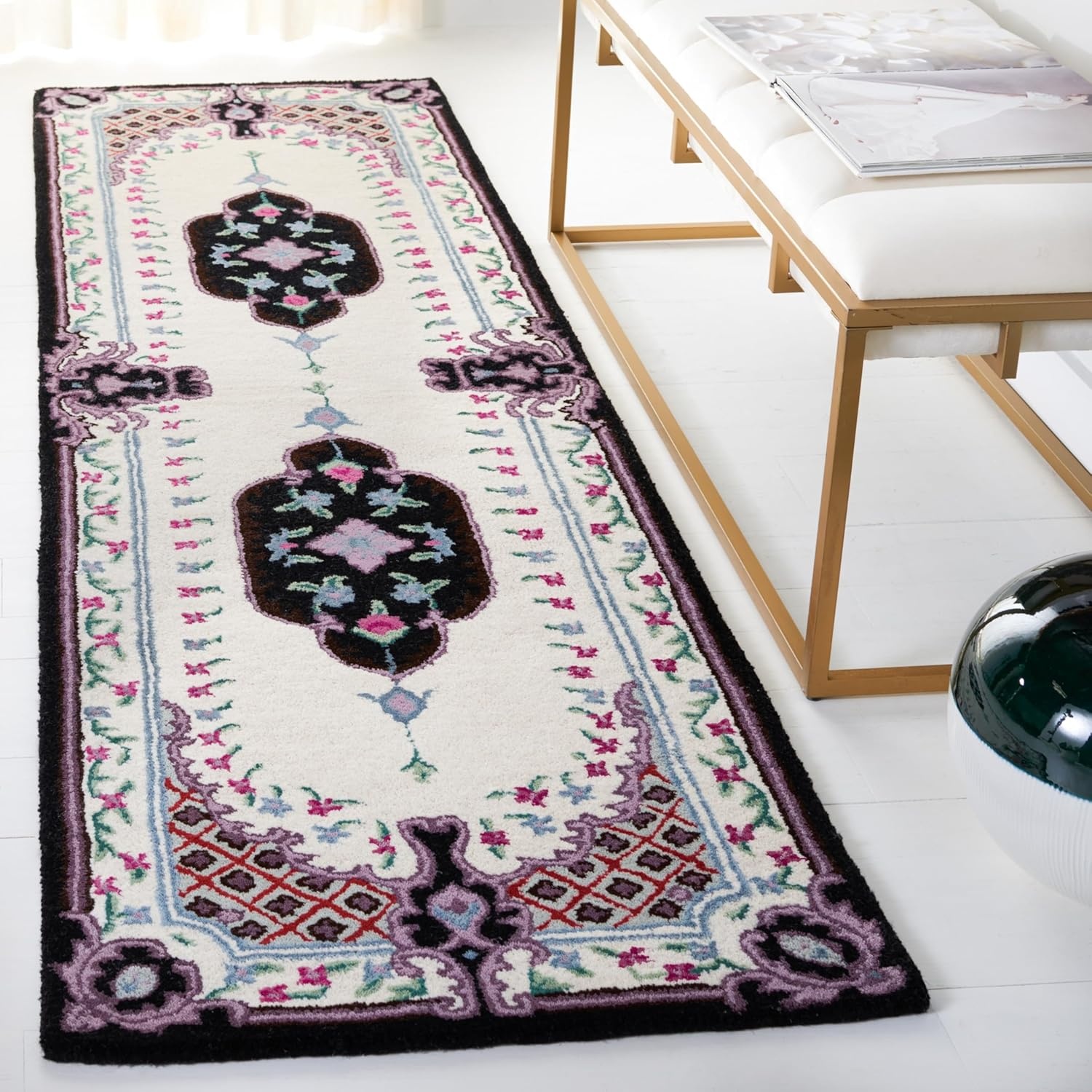 image:imageSAFAVIEH Area Rug 8x10 Bellagio Collection Large Blue amp Pink Handmade Wool Medallion Design Ideal for Living Room Bedroom Office Dining Space BLG535MIvoryBlack