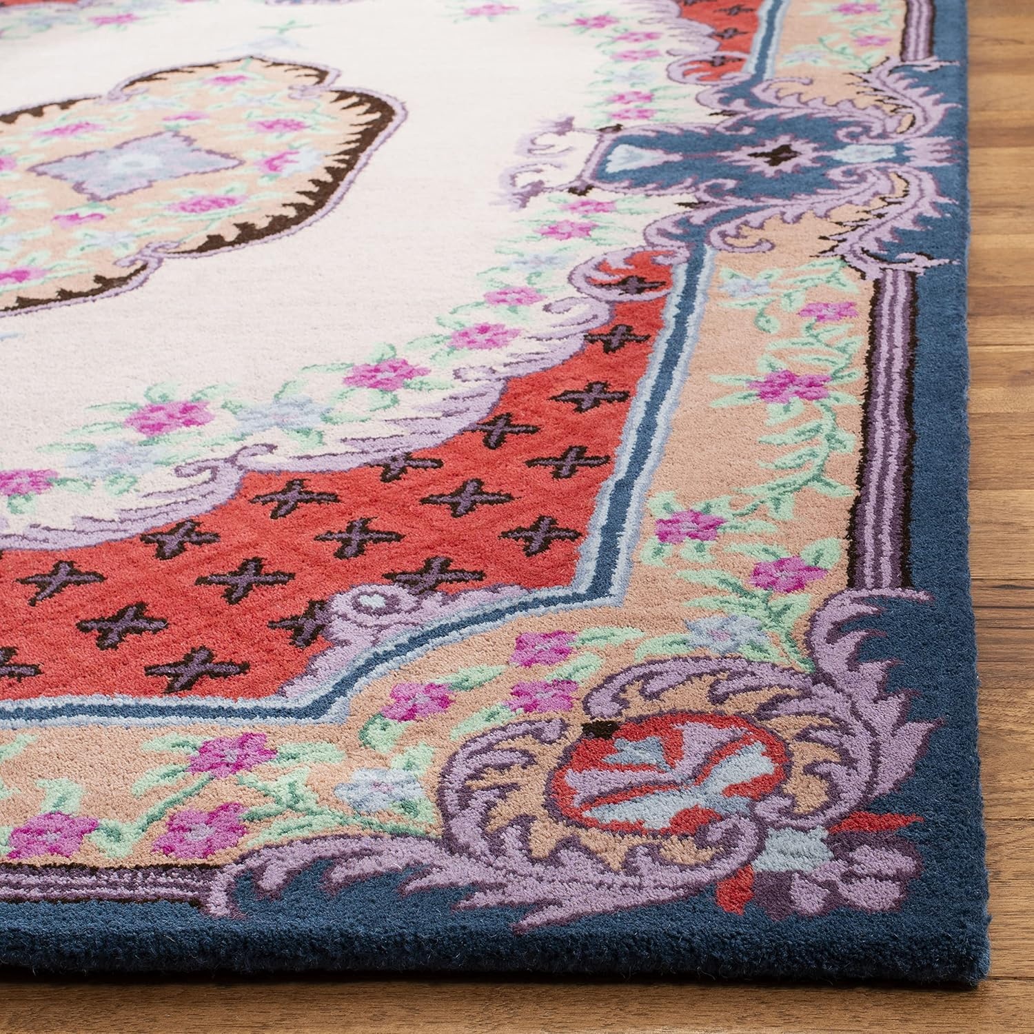 image:imageSAFAVIEH Area Rug 8x10 Bellagio Collection Large Blue amp Pink Handmade Wool Medallion Design Ideal for Living Room Bedroom Office Dining Space BLG535MIvoryPink