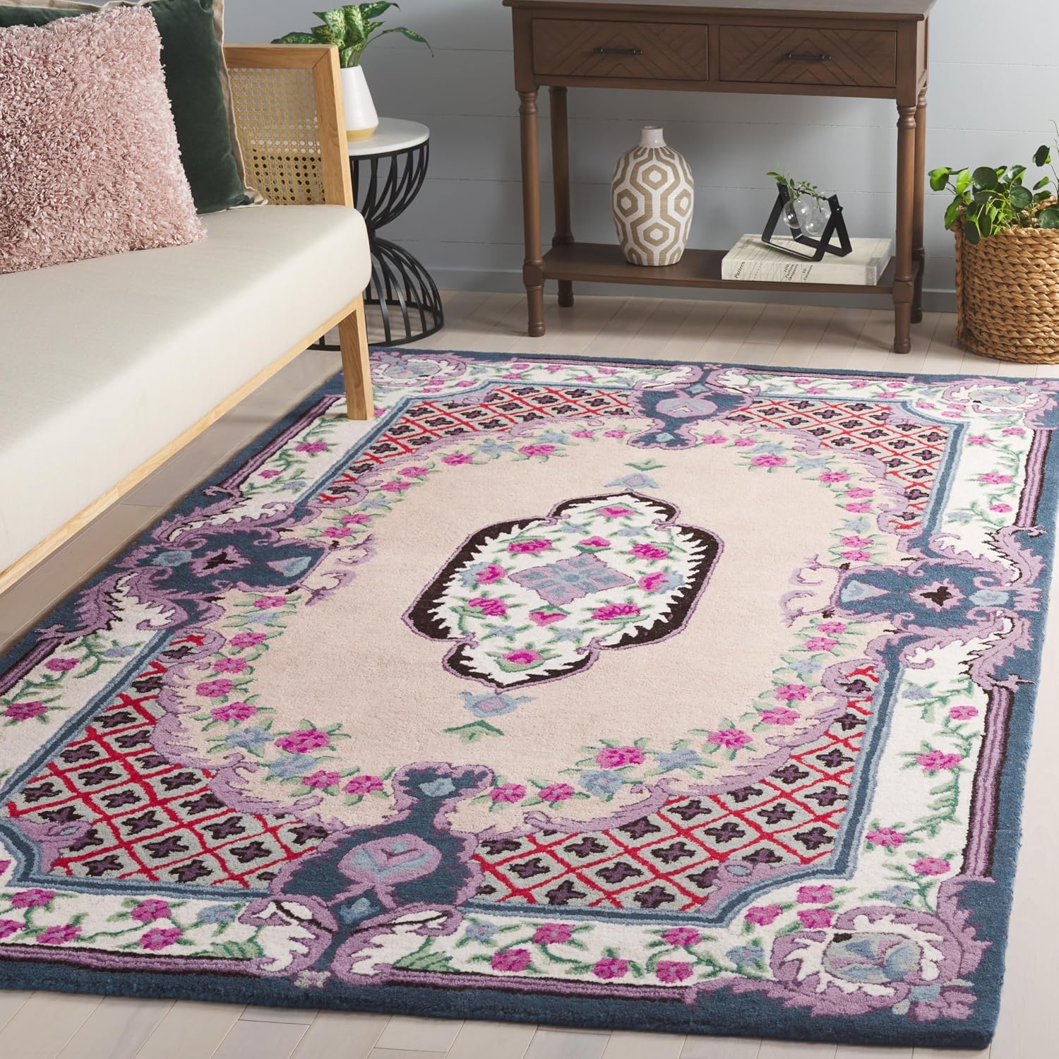 image:imageSAFAVIEH Area Rug 8x10 Bellagio Collection Large Blue amp Pink Handmade Wool Medallion Design Ideal for Living Room Bedroom Office Dining Space BLG535MPinkIvory