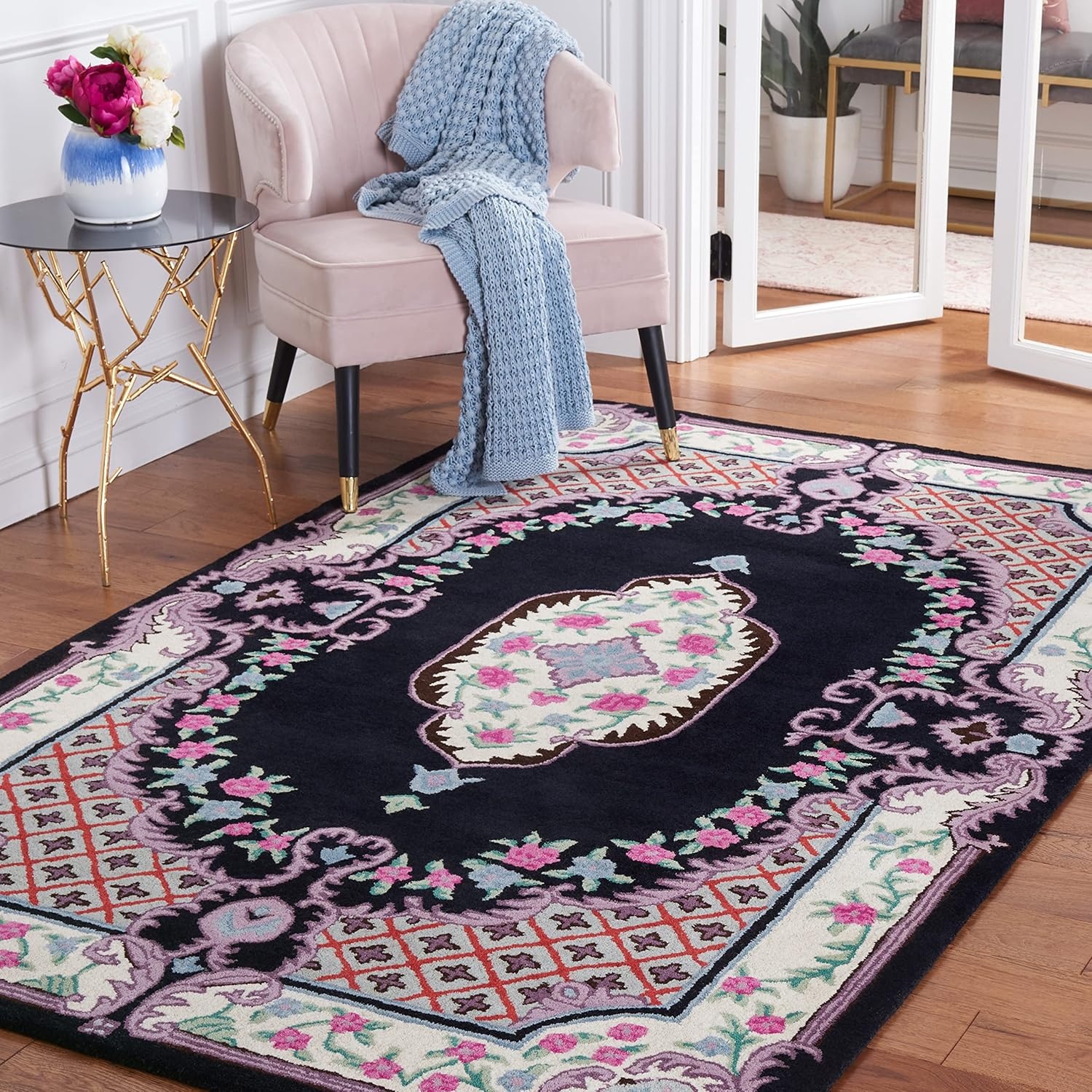 image:imageSAFAVIEH Area Rug 8x10 Bellagio Collection Large Blue amp Pink Handmade Wool Medallion Design Ideal for Living Room Bedroom Office Dining Space BLG535MBlackIvory