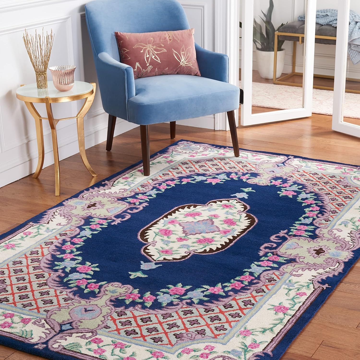 image:imageSAFAVIEH Area Rug 8x10 Bellagio Collection Large Blue amp Pink Handmade Wool Medallion Design Ideal for Living Room Bedroom Office Dining Space BLG535MNavyIvory