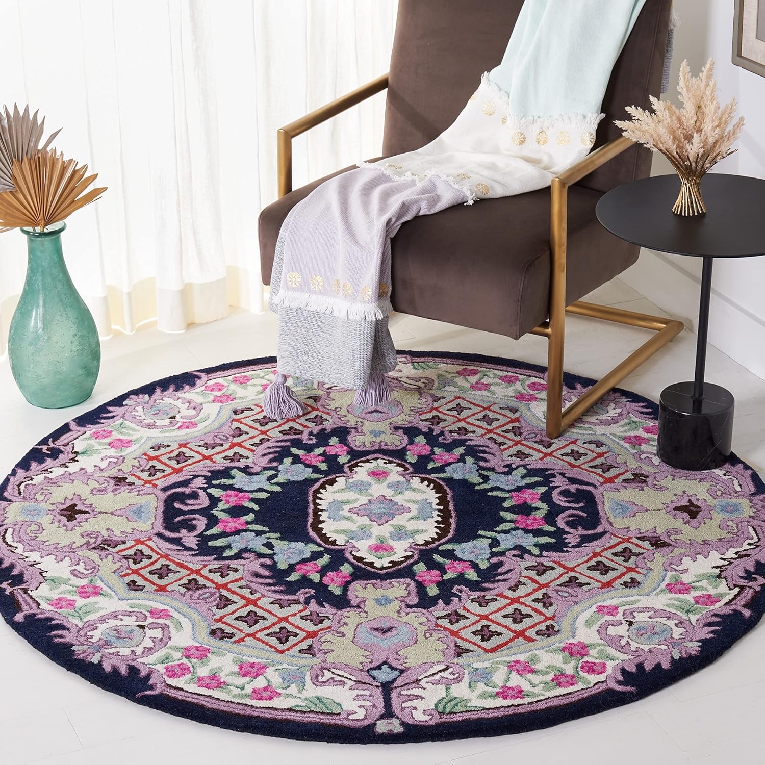image:imageSAFAVIEH Area Rug 8x10 Bellagio Collection Large Blue amp Pink Handmade Wool Medallion Design Ideal for Living Room Bedroom Office Dining Space BLG535MNavyIvory