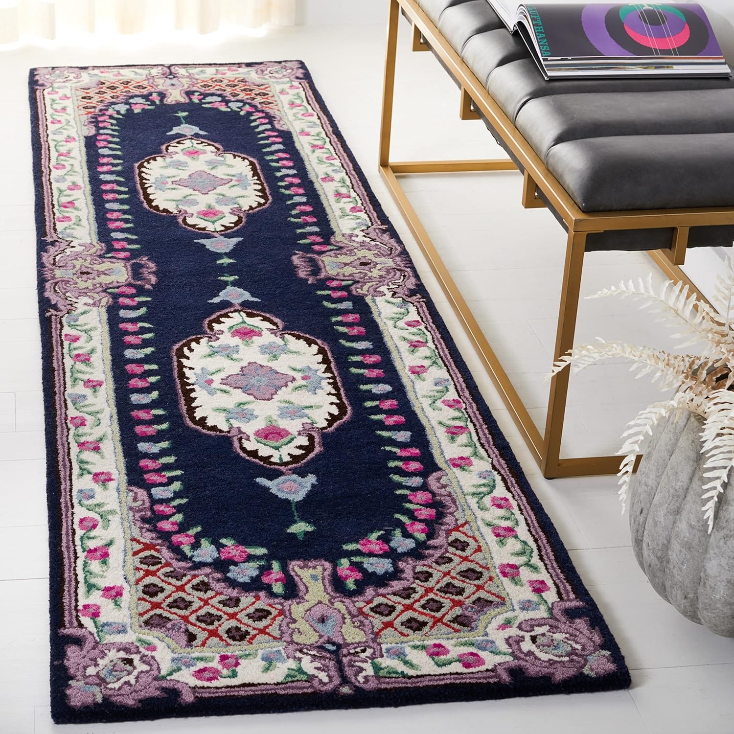 image:imageSAFAVIEH Area Rug 8x10 Bellagio Collection Large Blue amp Pink Handmade Wool Medallion Design Ideal for Living Room Bedroom Office Dining Space BLG535MNavyIvory
