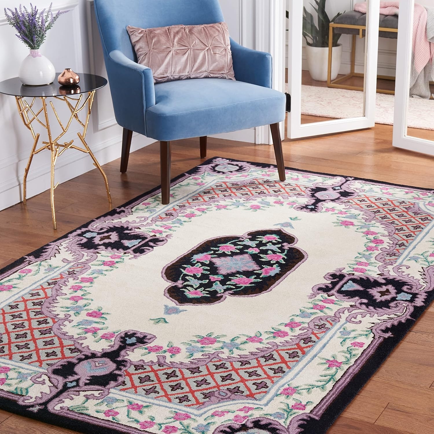 image:imageSAFAVIEH Area Rug 8x10 Bellagio Collection Large Blue amp Pink Handmade Wool Medallion Design Ideal for Living Room Bedroom Office Dining Space BLG535MIvoryBlack