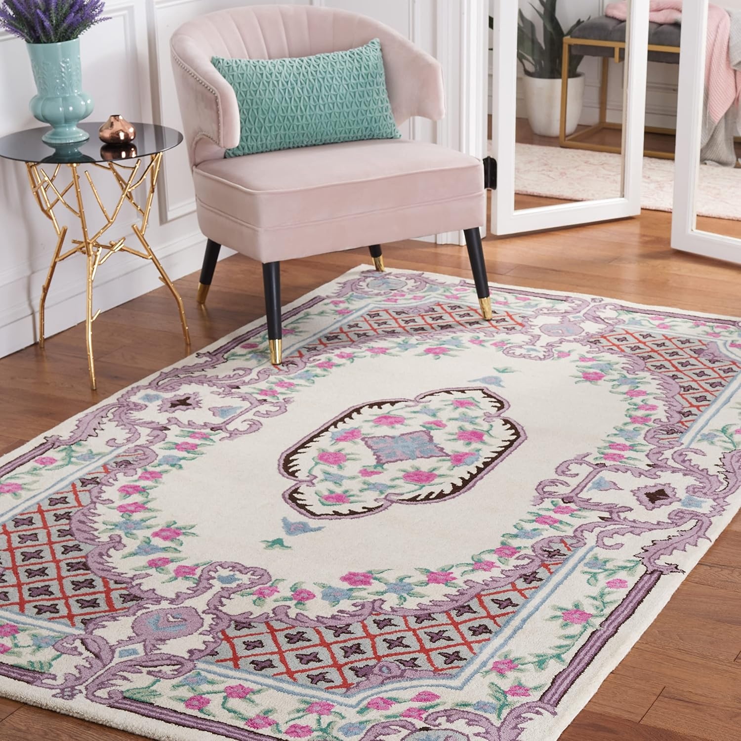 image:imageSAFAVIEH Area Rug 8x10 Bellagio Collection Large Blue amp Pink Handmade Wool Medallion Design Ideal for Living Room Bedroom Office Dining Space BLG535MIvory